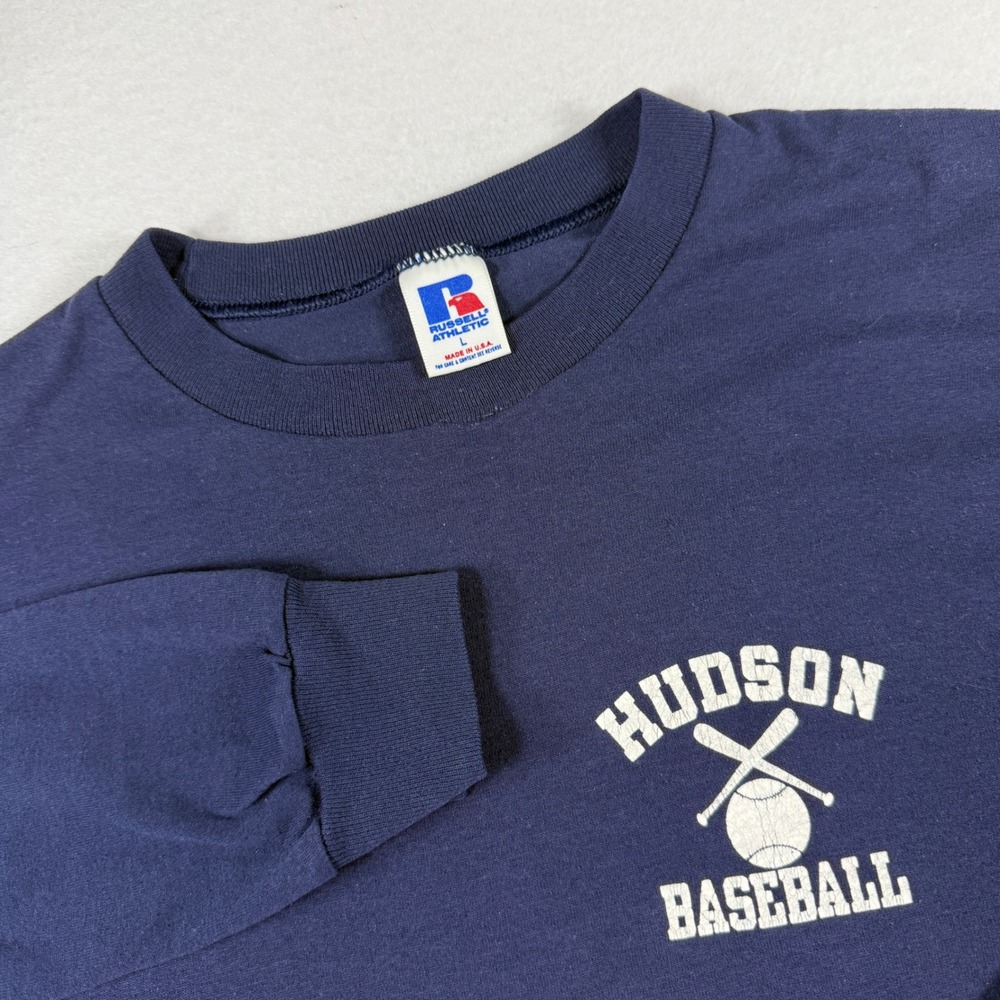 VTG 90s Russell Athletic Hudson Baseball Large Long Sleeve Navy Blue Made In USA